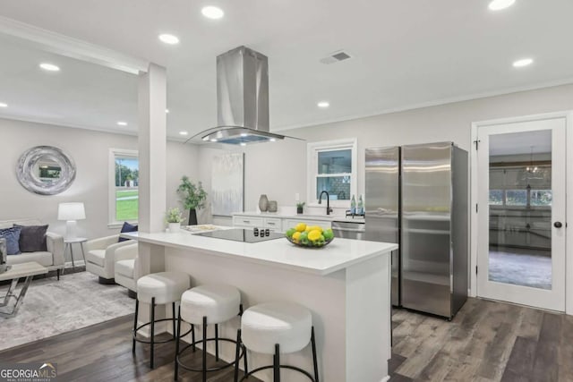 kitchen with appliances with stainless steel finishes, island exhaust hood, a kitchen bar, dark wood finished floors, and light countertops
