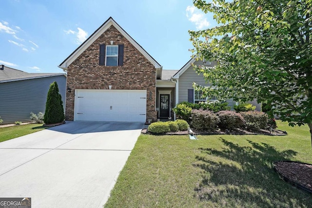 2209 Cedar Place Ct, Snellville, GA 30078 - view of front of home with brick siding, concrete driveway, a front lawn, and an attached garage