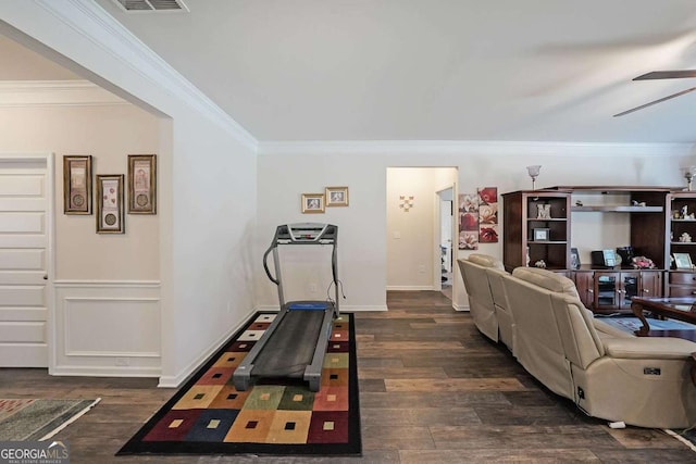2209 Cedar Place Ct, Snellville, GA 30078 - exercise area with a ceiling fan, crown molding, dark wood-style floors, and baseboards