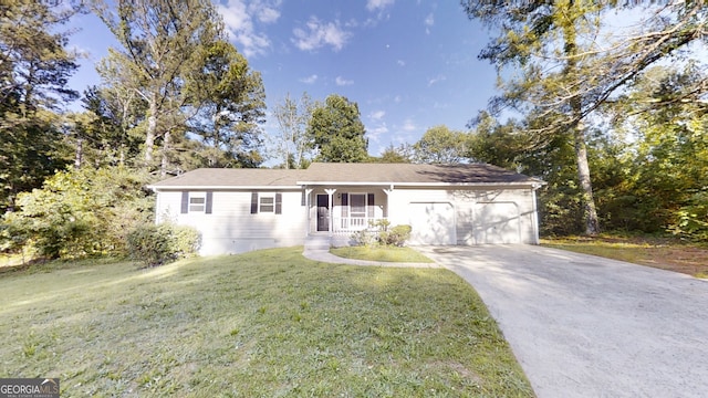 3512 Valley Chase Ct, Lithonia, GA 30038 - ranch-style home featuring a porch, an attached garage, a front lawn, and driveway