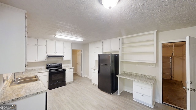 3512 Valley Chase Ct, Lithonia, GA 30038 - kitchen featuring black appliances, open shelves, under cabinet range hood, a textured ceiling, and white cabinetry