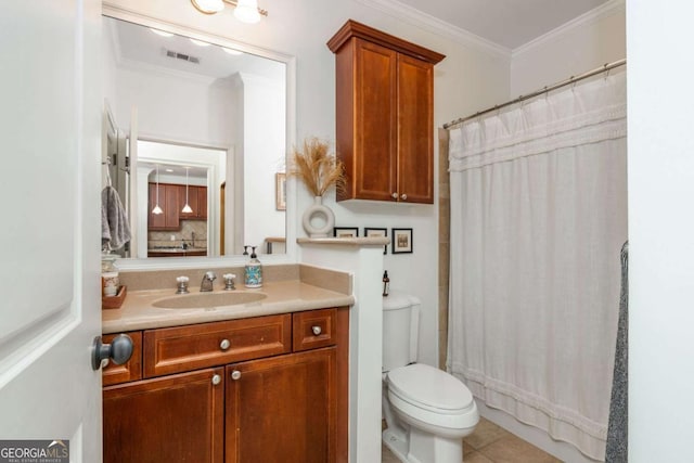 full bathroom with ornamental molding, vanity, toilet, a shower with shower curtain, and tile patterned floors