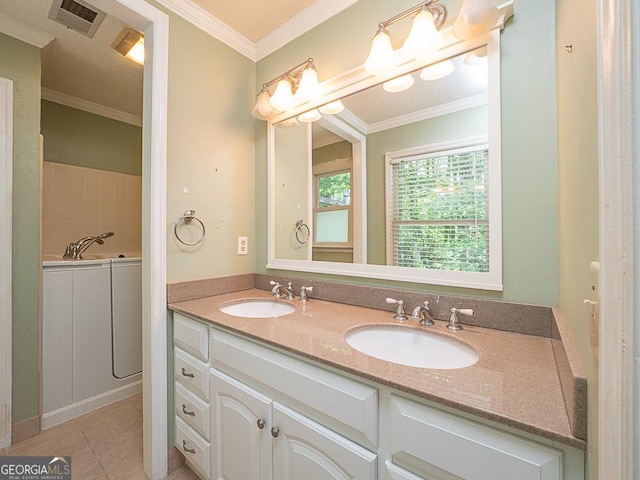 full bathroom featuring ornamental molding, double vanity, and tile patterned flooring