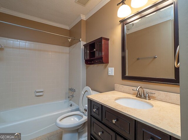 bathroom with ornamental molding, toilet, vanity, shower / bath combination, and a textured ceiling