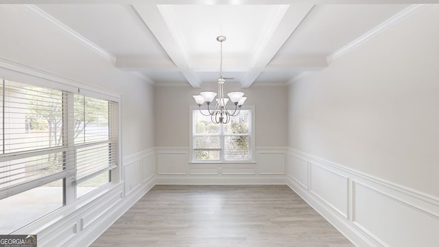900 Ellesmere Pt, Mcdonough, GA 30253 - unfurnished dining area featuring healthy amount of natural light, beamed ceiling, a chandelier, a wainscoted wall, and light wood-style flooring