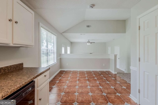 4889 Hidden Creek Pl, Decatur, GA 30035 - kitchen with black dishwasher, lofted ceiling, ceiling fan, dark countertops, and tile patterned floors
