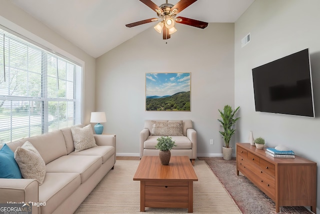 4889 Hidden Creek Pl, Decatur, GA 30035 - living area with ceiling fan and high vaulted ceiling