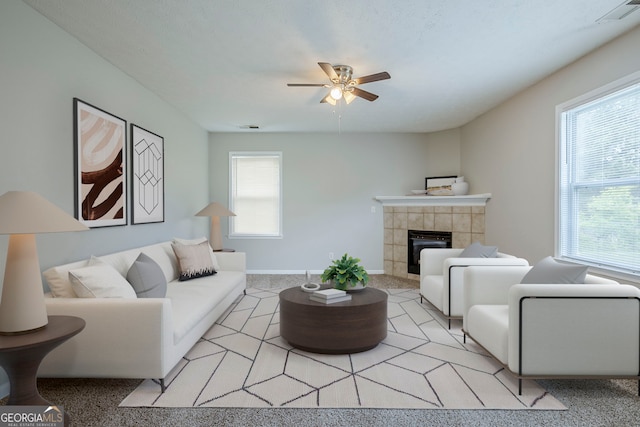 8826 Lakecrest Way, Union City, GA 30291 - living room with light colored carpet, ceiling fan, and healthy amount of natural light