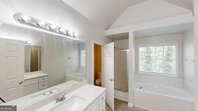4912 Lightwood Ct NW, Acworth, GA 30102 - full bath with a bath, a shower with door, vanity, vaulted ceiling, and wood finished floors