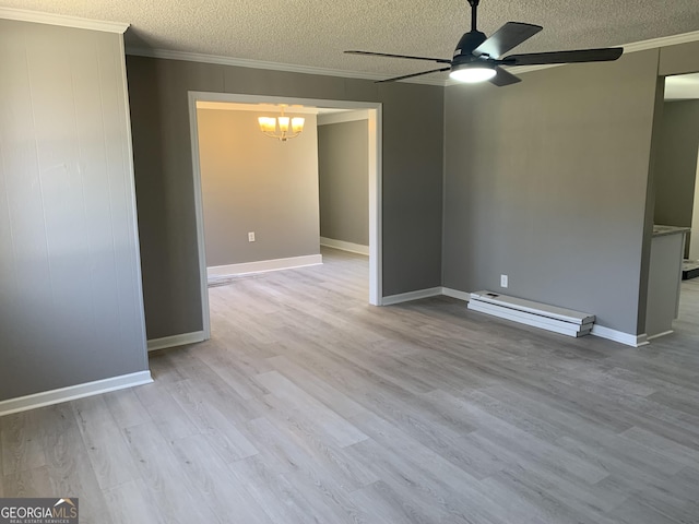 unfurnished room featuring a chandelier, a baseboard radiator, crown molding, a textured ceiling, and ceiling fan