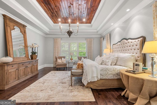 bedroom featuring a tray ceiling, a chandelier, dark wood-style flooring, wood ceiling, and baseboards