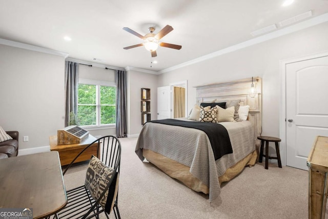 carpeted bedroom featuring ornamental molding, recessed lighting, baseboards, and ceiling fan
