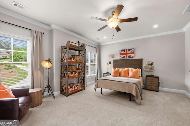 carpeted bedroom featuring crown molding, baseboards, a ceiling fan, and recessed lighting