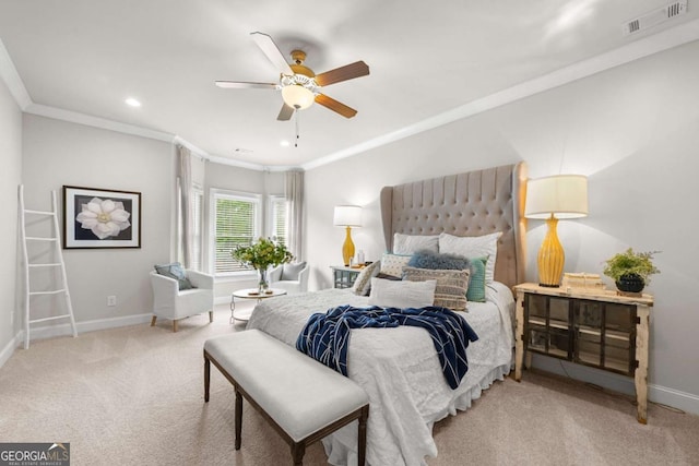 carpeted bedroom featuring baseboards, crown molding, recessed lighting, and ceiling fan