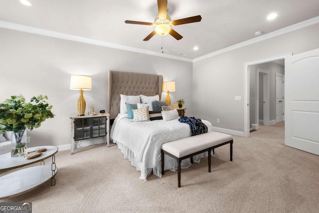bedroom featuring light carpet, crown molding, recessed lighting, baseboards, and a ceiling fan