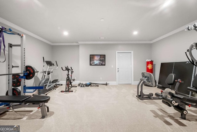 workout area with recessed lighting, baseboards, carpet floors, and crown molding