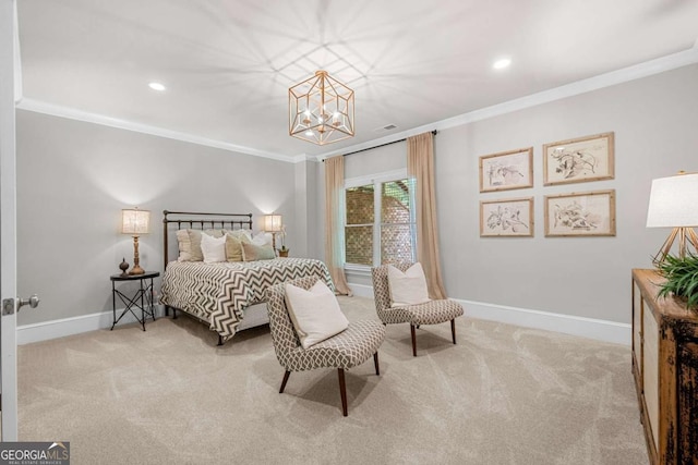 bedroom featuring carpet, crown molding, a chandelier, baseboards, and recessed lighting