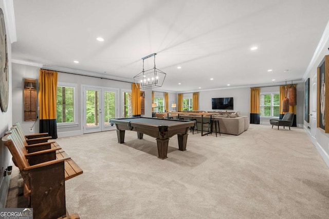 playroom featuring french doors, carpet flooring, crown molding, recessed lighting, and billiards