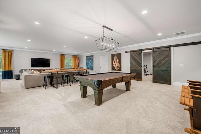 playroom featuring crown molding, a barn door, recessed lighting, billiards, and carpet