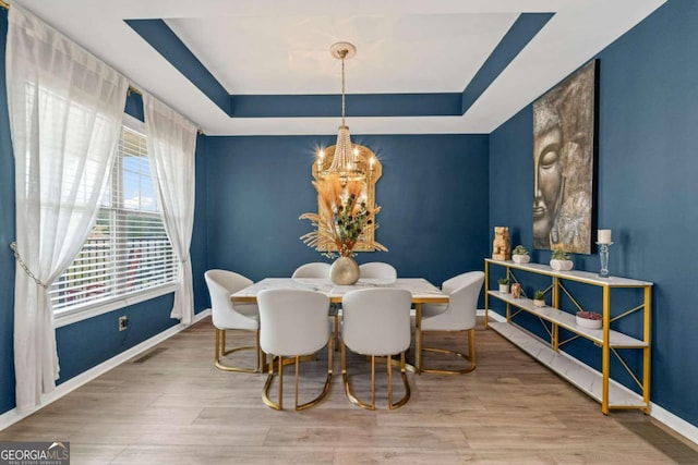 438 Southland Cir, Canton, GA 30115 - dining room featuring a chandelier, baseboards, a tray ceiling, and wood finished floors