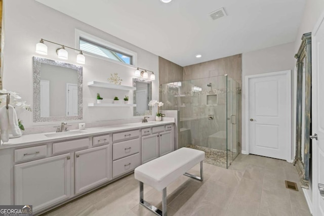 438 Southland Cir, Canton, GA 30115 - bathroom featuring a shower stall, double vanity, recessed lighting, and tile patterned floors