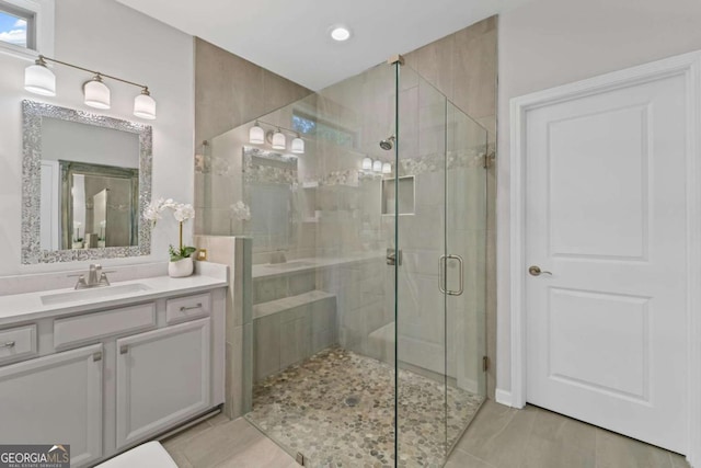 438 Southland Cir, Canton, GA 30115 - full bathroom with a stall shower, vanity, recessed lighting, and tile patterned flooring