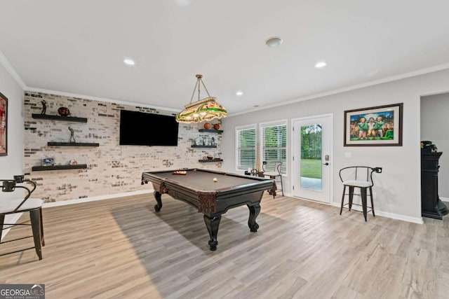 438 Southland Cir, Canton, GA 30115 - rec room with crown molding, pool table, baseboards, light wood finished floors, and recessed lighting