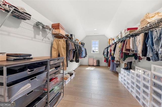 spacious closet with vaulted ceiling and wood-type flooring