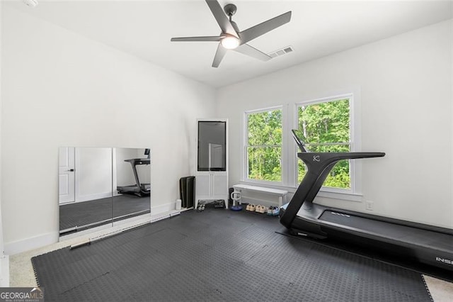17145 River Overlook Dr, Roswell, GA 30075 - workout area featuring ceiling fan and baseboards