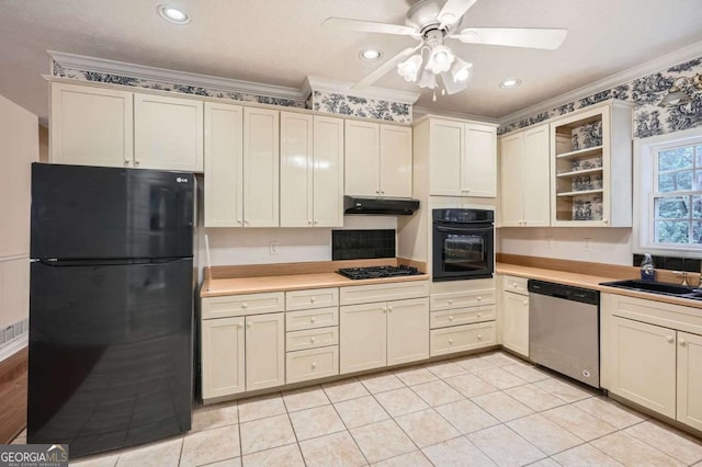 510 Aiken Dr, Dallas, GA 30157 - kitchen featuring black appliances, under cabinet range hood, light countertops, a ceiling fan, and ornamental molding