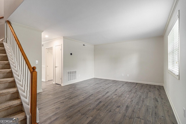 6900 Roswell Rd Unit F6, Atlanta, GA 30328 - unfurnished living room with ornamental molding, dark wood-style flooring, stairs, baseboards, and recessed lighting