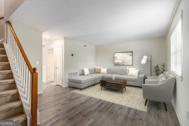 6900 Roswell Rd Unit F6, Atlanta, GA 30328 - living area featuring ornamental molding, dark wood finished floors, stairway, and healthy amount of natural light