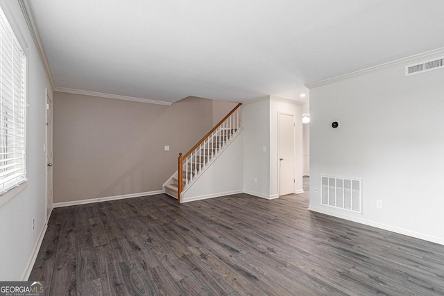 6900 Roswell Rd Unit F6, Atlanta, GA 30328 - empty room featuring crown molding, dark wood finished floors, stairs, and baseboards