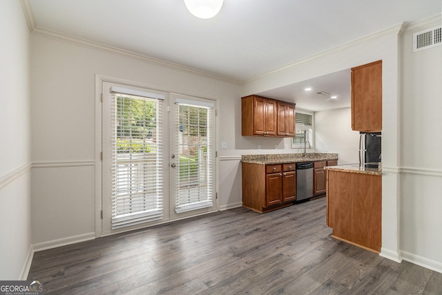 6900 Roswell Rd Unit F6, Atlanta, GA 30328 - kitchen with dishwasher, brown cabinetry, crown molding, dark wood finished floors, and light stone counters