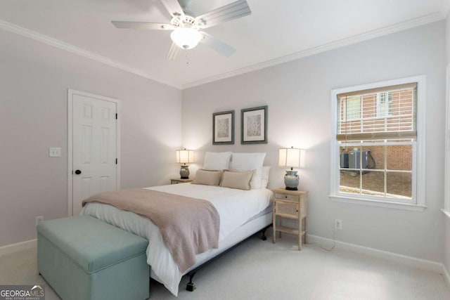 bedroom featuring baseboards, ornamental molding, multiple windows, light carpet, and ceiling fan