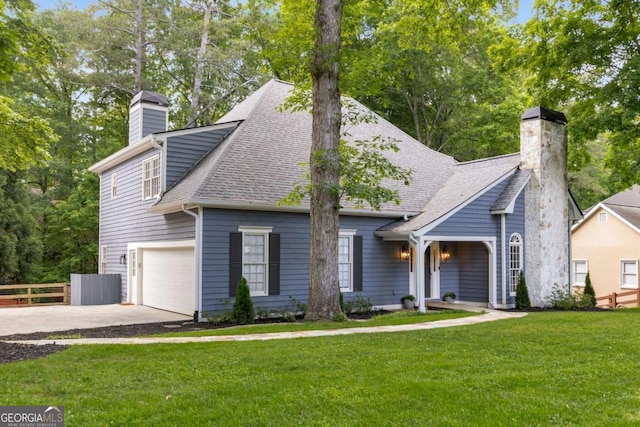 view of front of property with a chimney, roof with shingles, driveway, and an attached garage