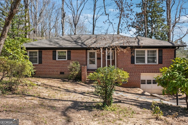 ranch-style house with brick siding, driveway, a garage, roof with shingles, and crawl space