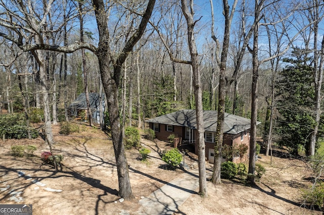 view of yard with a forest view and driveway
