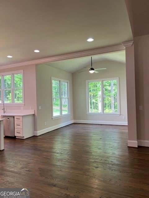 5907 SW Bunting Ln SW Unit 2, Atlanta, GA 30331 - unfurnished living room with baseboards, plenty of natural light, dark wood finished floors, lofted ceiling, and recessed lighting