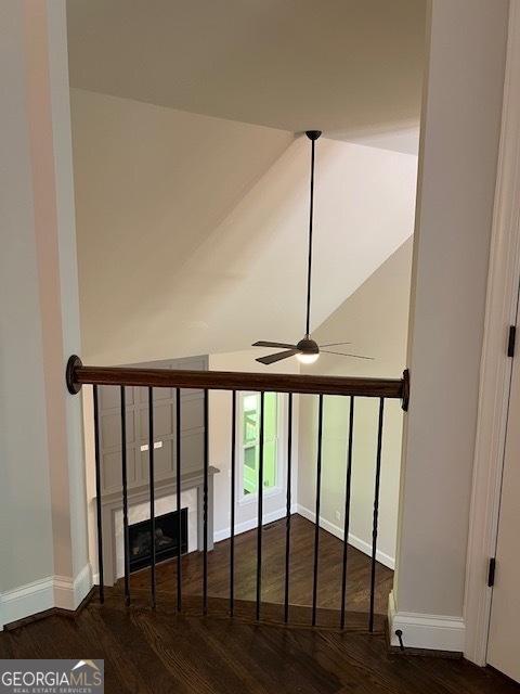 5907 SW Bunting Ln SW Unit 2, Atlanta, GA 30331 - staircase with wood finished floors, baseboards, ceiling fan, and lofted ceiling