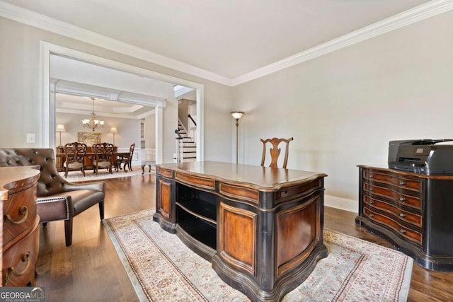 3456 Glen Mist Pl, Dacula, GA 30019 - home office with dark wood finished floors, a chandelier, and ornamental molding