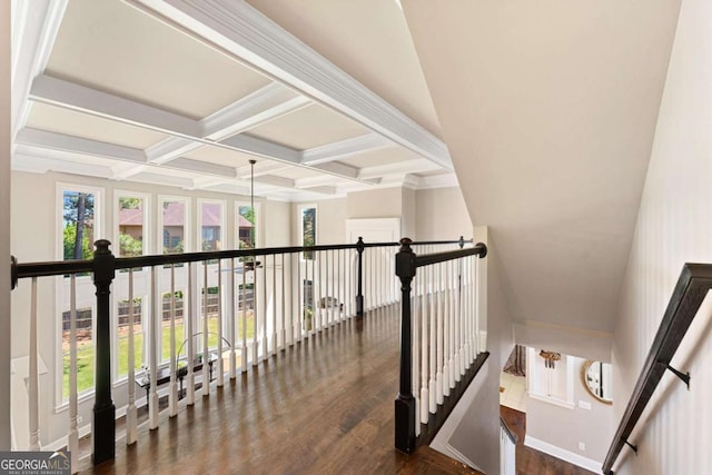 3456 Glen Mist Pl, Dacula, GA 30019 - stairs featuring wood finished floors, healthy amount of natural light, beam ceiling, coffered ceiling, and baseboards