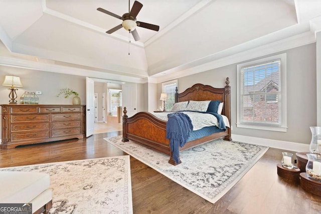 3456 Glen Mist Pl, Dacula, GA 30019 - bedroom featuring a tray ceiling, wood finished floors, and a ceiling fan