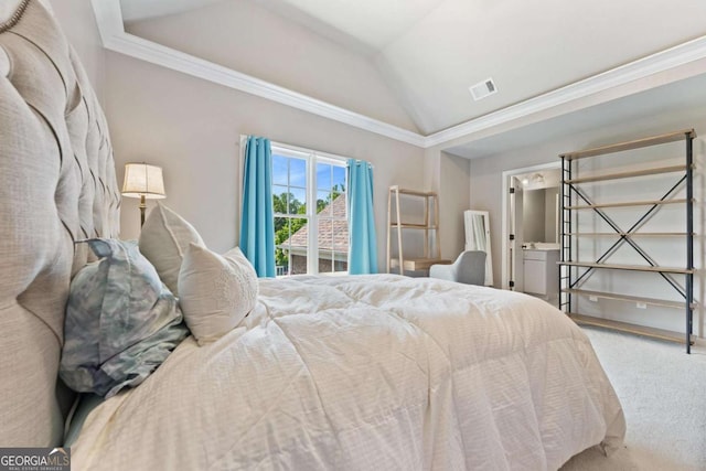 3456 Glen Mist Pl, Dacula, GA 30019 - carpeted bedroom featuring lofted ceiling and crown molding