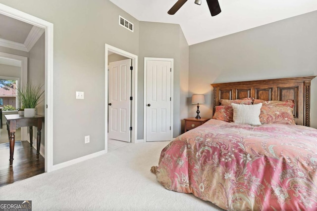 3456 Glen Mist Pl, Dacula, GA 30019 - carpeted bedroom with baseboards, ornamental molding, a ceiling fan, and lofted ceiling