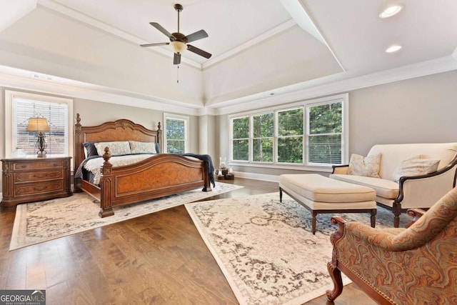 3456 Glen Mist Pl, Dacula, GA 30019 - bedroom featuring wood finished floors, recessed lighting, ornamental molding, a raised ceiling, and ceiling fan