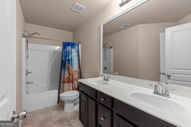 bathroom with shower / bathtub combination with curtain, toilet, double vanity, and tile patterned floors