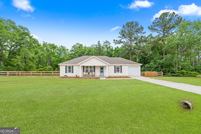 single story home with a porch, driveway, an attached garage, and a shingled roof