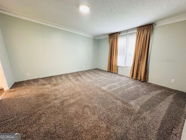 unfurnished room with crown molding, carpet, and a textured ceiling
