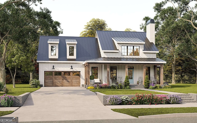 6586 Kenimer Rd, Clermont, GA 30527 - modern farmhouse with covered porch, a standing seam roof, a chimney, and a front yard